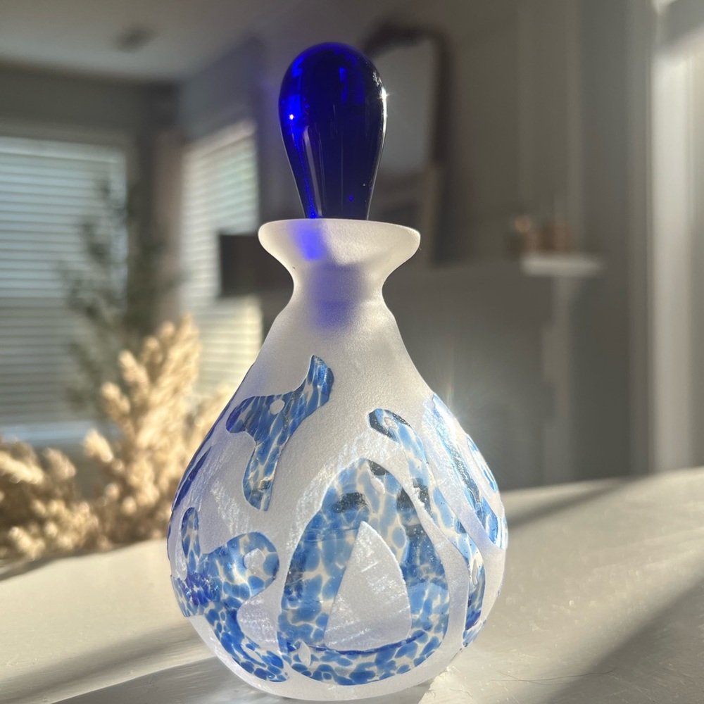 Vintage Murano Art Glass Abstract Royal Blue Perfume Bottle in Frosted Glass